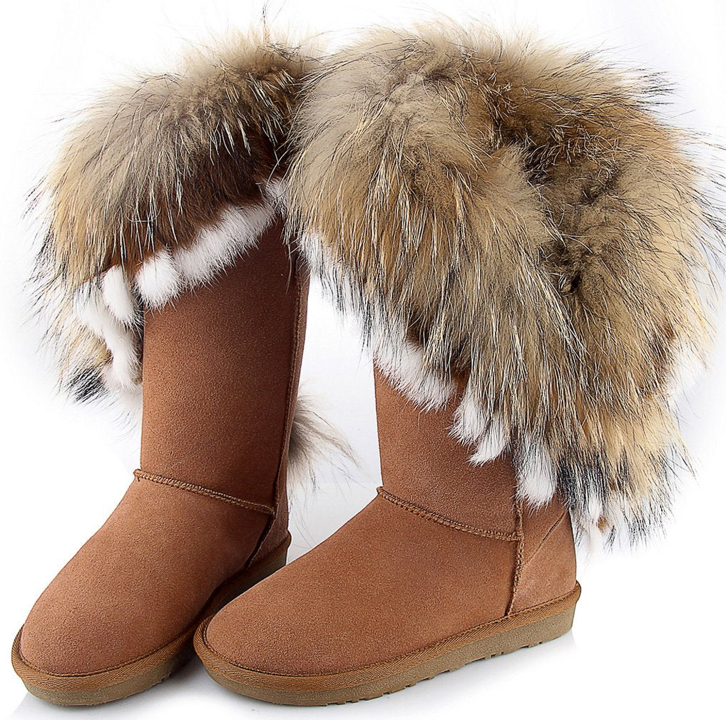 APHNUS Womens Mid Calf Boots Cow Leather Fur Snow Boots Brown US7.5