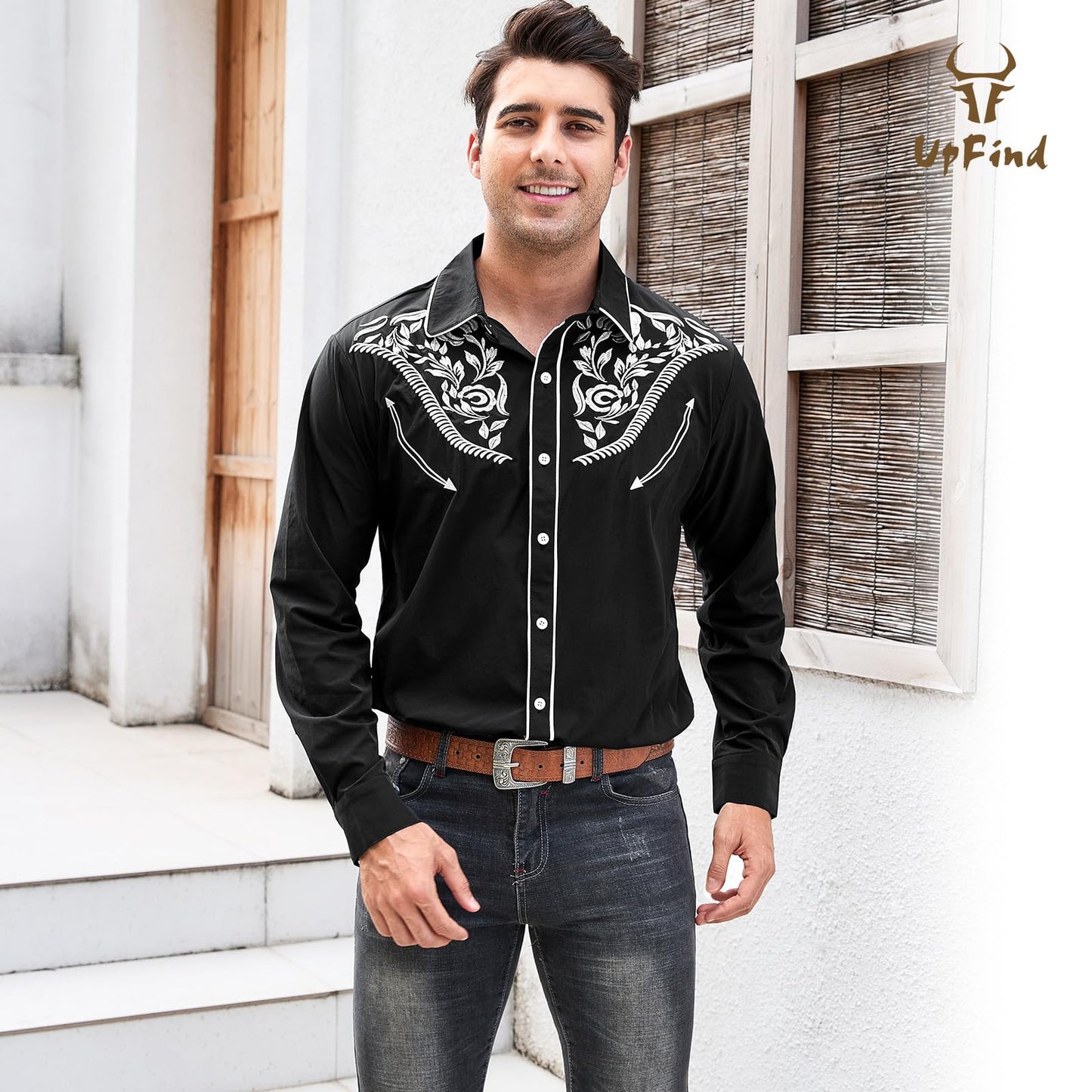 UpFind Western Shirts for Men Cowboy Shirts Long Sleeve Embroidered Country Shirt Slim Fit Button Down Shirt Casual Work Shirts Black