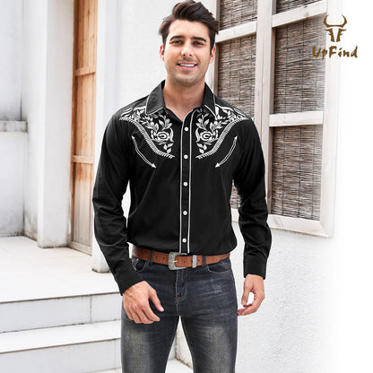 UpFind Western Shirts for Men Cowboy Shirts Long Sleeve Embroidered Country Shirt Slim Fit Button Down Shirt Casual Work Shirts Black