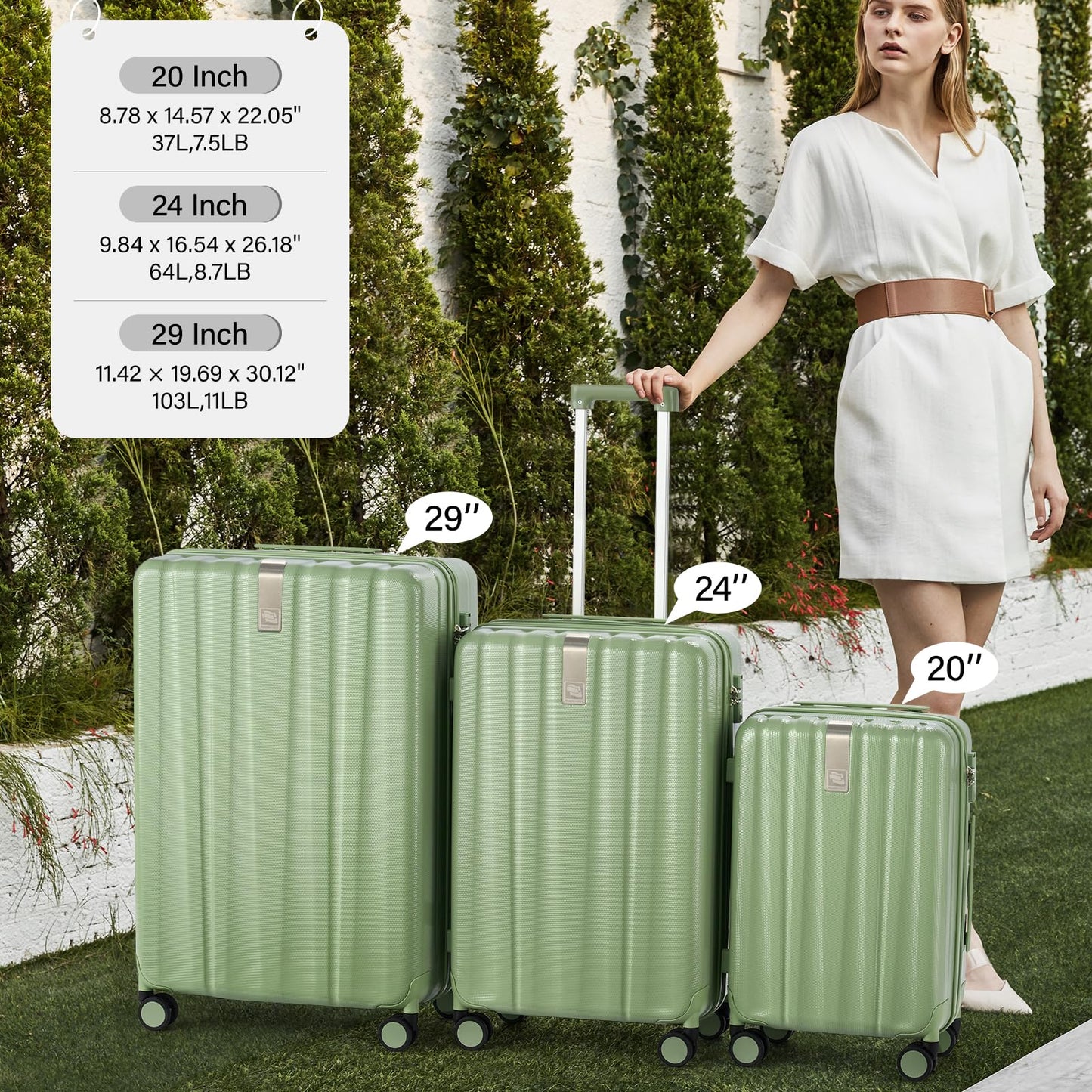 Hanke Hardshell Luggage Sets 3 Piece Extra Large Suitcases with Lock,28 Inch Luggage with Spinner Wheels, PC Travel Suitcase for Women Men 20 24 29Inch,Bamboo Green