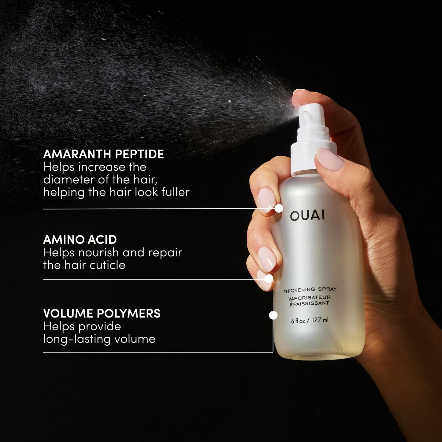 OUAI Hair Thickening Spray - Thickening & Volumizing Spray for Instantly Thicker, Fuller-Looking Hair - Protects, Strengthens & Repairs with Amaranth Peptide & Amino Acids (6 Fl Oz)