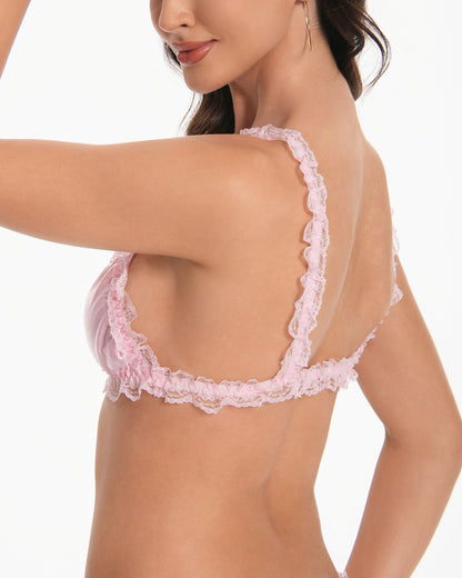Satini Sissy Frilly Lace Fitted Satin Bralette (Baby Pink, S)
