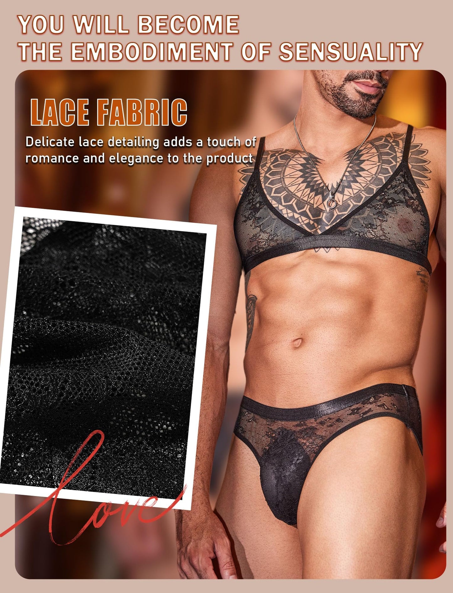 Men's Lingerie Sheer Bodysuit Set Lace Sexy Rave Outfit Underwear Bra Panties Black Sets