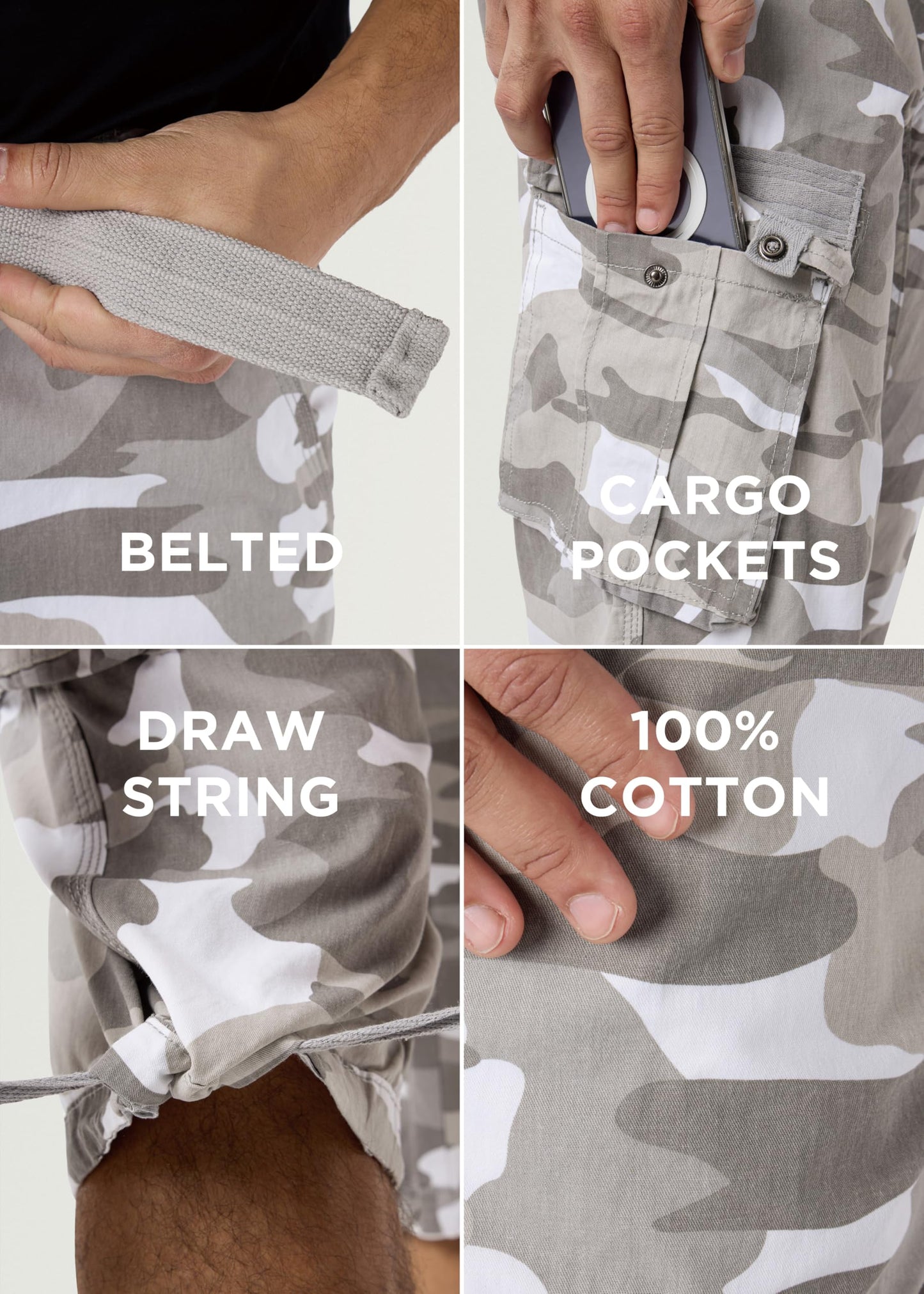 X RAY Men's Belted Long Cargo Shorts for Men, Below Knee Length Mens Cargo Shorts, 3/4 Pants (Big and Tall Shorts for Men) White CAMO 38