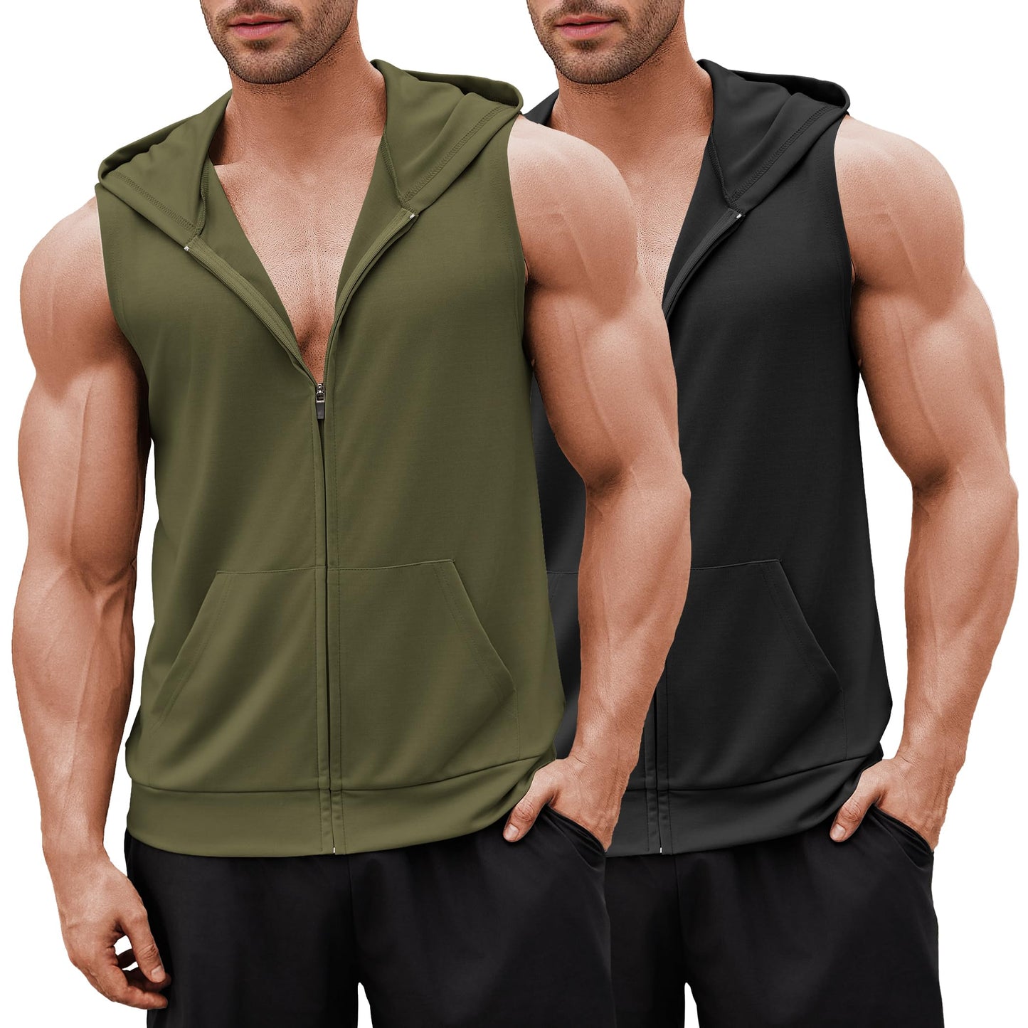 COOFANDY Cutoff Gym Shirt Mens Training Hooded Tank Top for Men Sleeveless Running Shirts with Hoodie Black and Army Green L