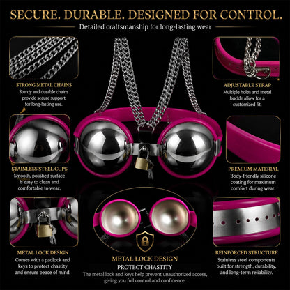 Female Chastity Device Bra Stainless Steel Adjustable BDSM Slave Metal Lockable Underwear Chain Bondage Game Erotic Slave Fetish Sex Toy (Pink)