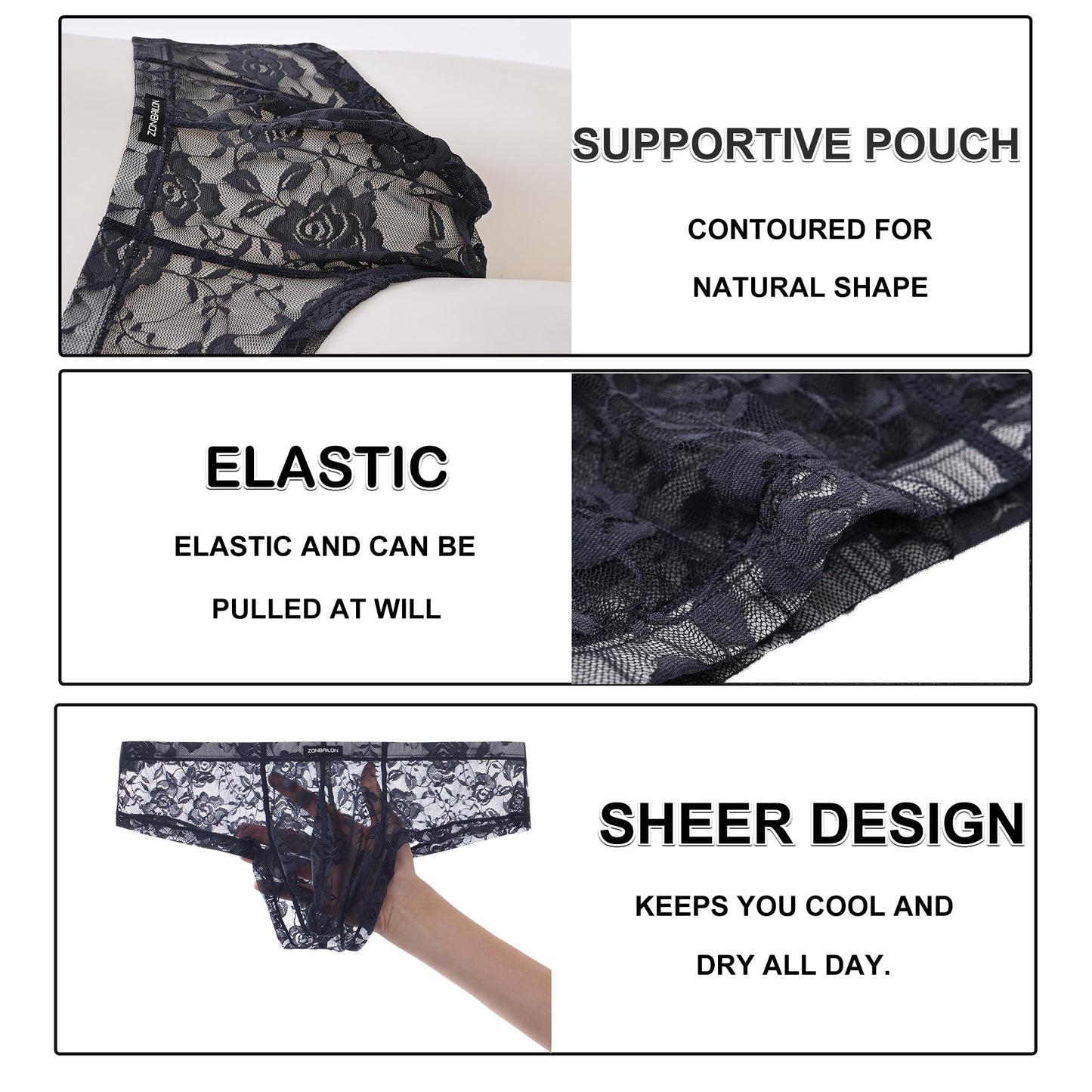 ZONBAILON Men's Lace Bikini Briefs - Sheer Underwear Pouch Silk Boxers Breathable Panties