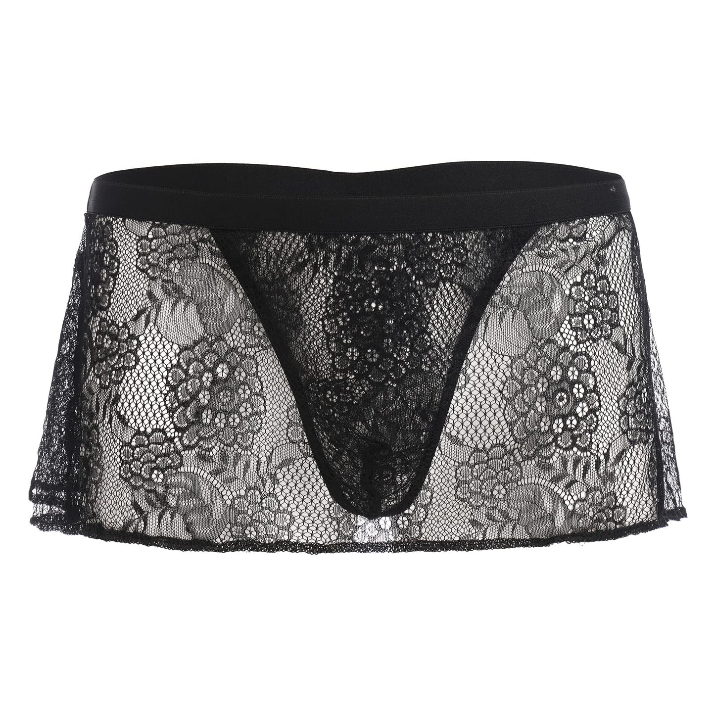 ABAFIP Men's Sissy Skirt Floral Skirted Sissy Thong Panties Crossdress Underpants Low Waist Sheer Bikini Briefs Underwear Black One Size