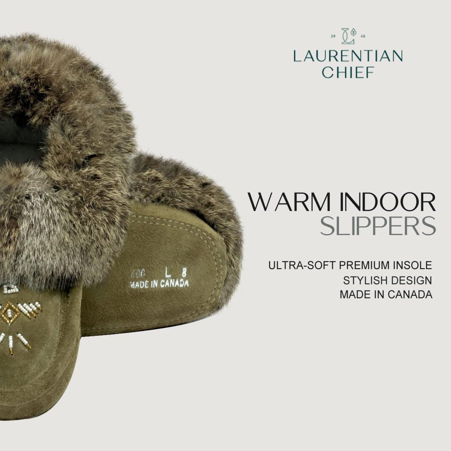 Laurentian Chief Moccasin Slippers for Woman - Orlon Beaded Slippers with Fur Trim and Padded Sole, Canada Quality Womens, Comfortable Stylish Indoor Moccasins for Women