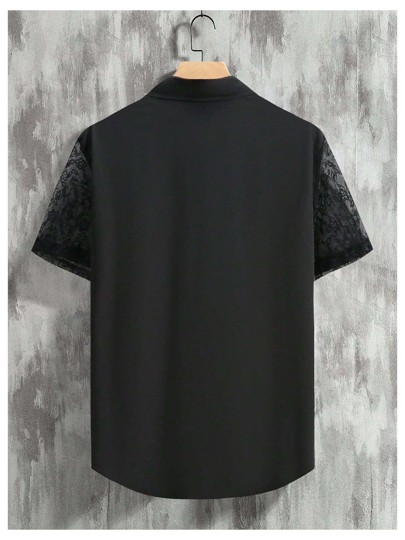 WDIRARA Men's Lace Mesh Button Down Shirts Short Sleeve Collared Party Shirt Summer Tops Black Large