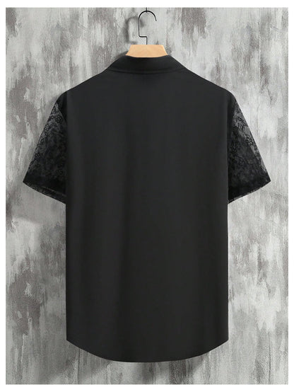 WDIRARA Men's Lace Mesh Button Down Shirts Short Sleeve Collared Party Shirt Summer Tops Black Large