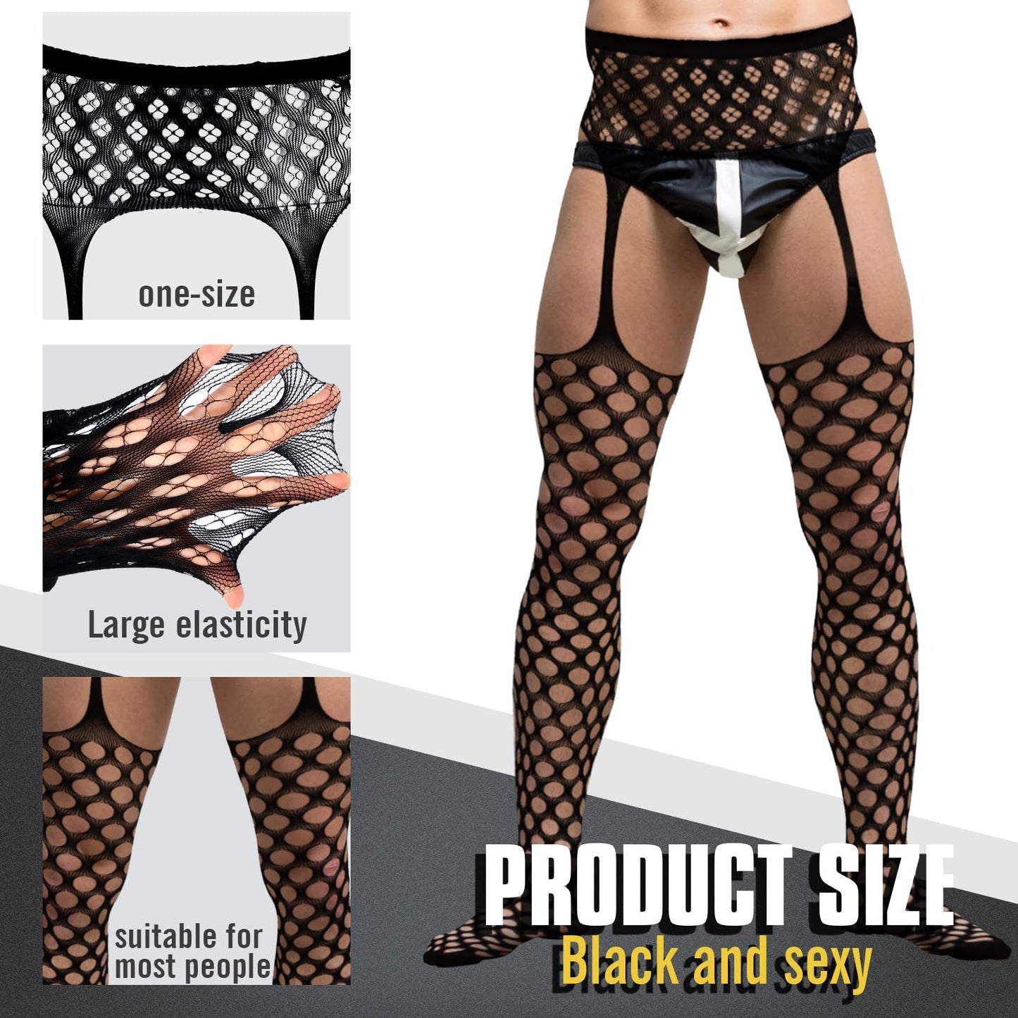 Newcotte 6 Pairs Men's Tights Suspender Pantyhose Sissy Sexy Lingerie Lace Fishnet Thigh High Stocking with Suspender for Man (Mixed)
