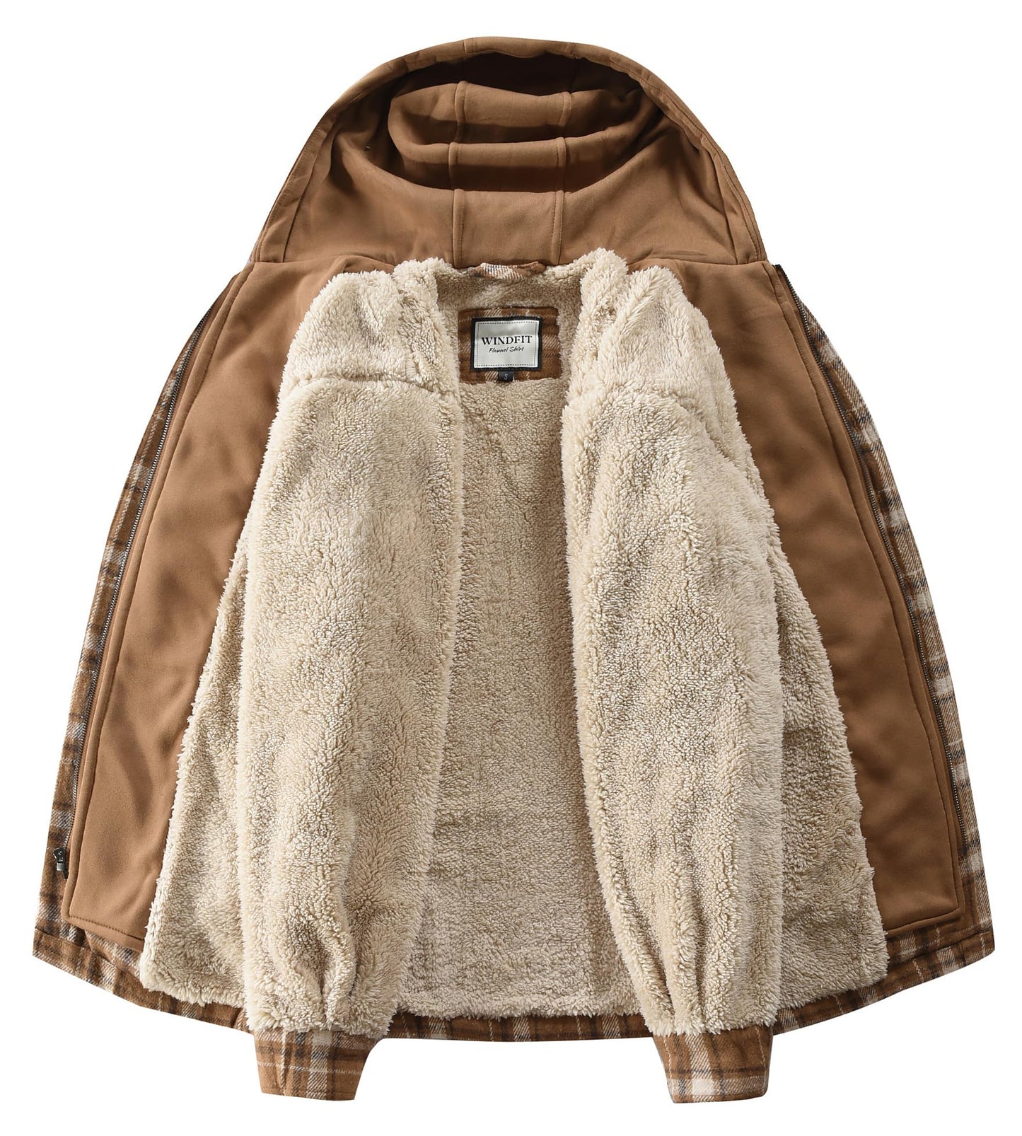 KOMANA Men's Zip Button Sherpa Plaid Flannel Shirt Jacket with Hood Brown Small