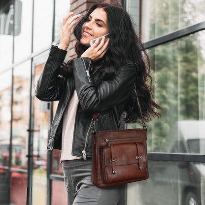 Iswee Brown Purse Genuine Leather Crossbody Bag for Women Shoulder Handbag