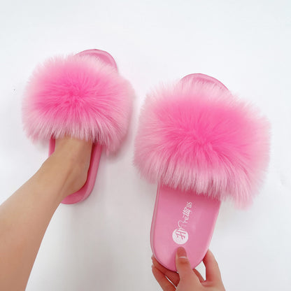 Sissy Faux Fur Slides, Open Toe Cute Pink Fuzzy Slippers, Comfortable Furry Fluffy Slide Sandals