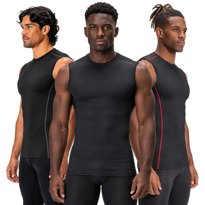 3 Pack Men's Compression Shirts Sleeveless Workout Tank Top Baselayer for Gym Training, Running, Moisture Wicking (Large, Black/Black/Black)
