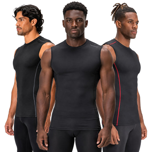3 Pack Men's Compression Shirts Sleeveless Workout Tank Top Baselayer for Gym Training, Running, Moisture Wicking (Large, Black/Black/Black)