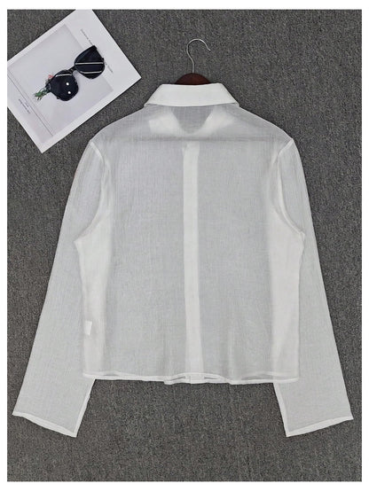 OYOANGLE Men's Mesh Sheer Button Down Shirts Long Sleeve Fitted Party Club Shirt Top White Medium