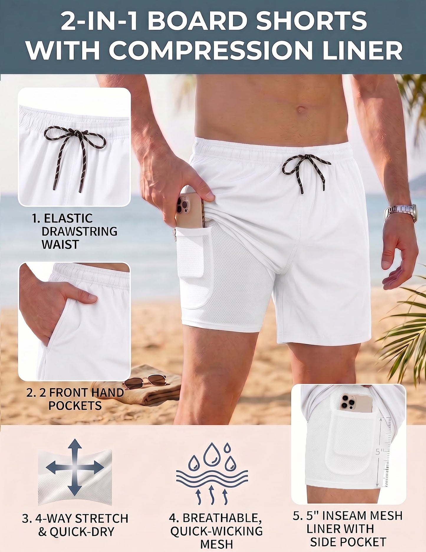 COOFANDY Mens Swim Shorts 5 Inch Inseam Summer Swim Shorts Sexy Quick Dry Swim Trunks with Pockets White S