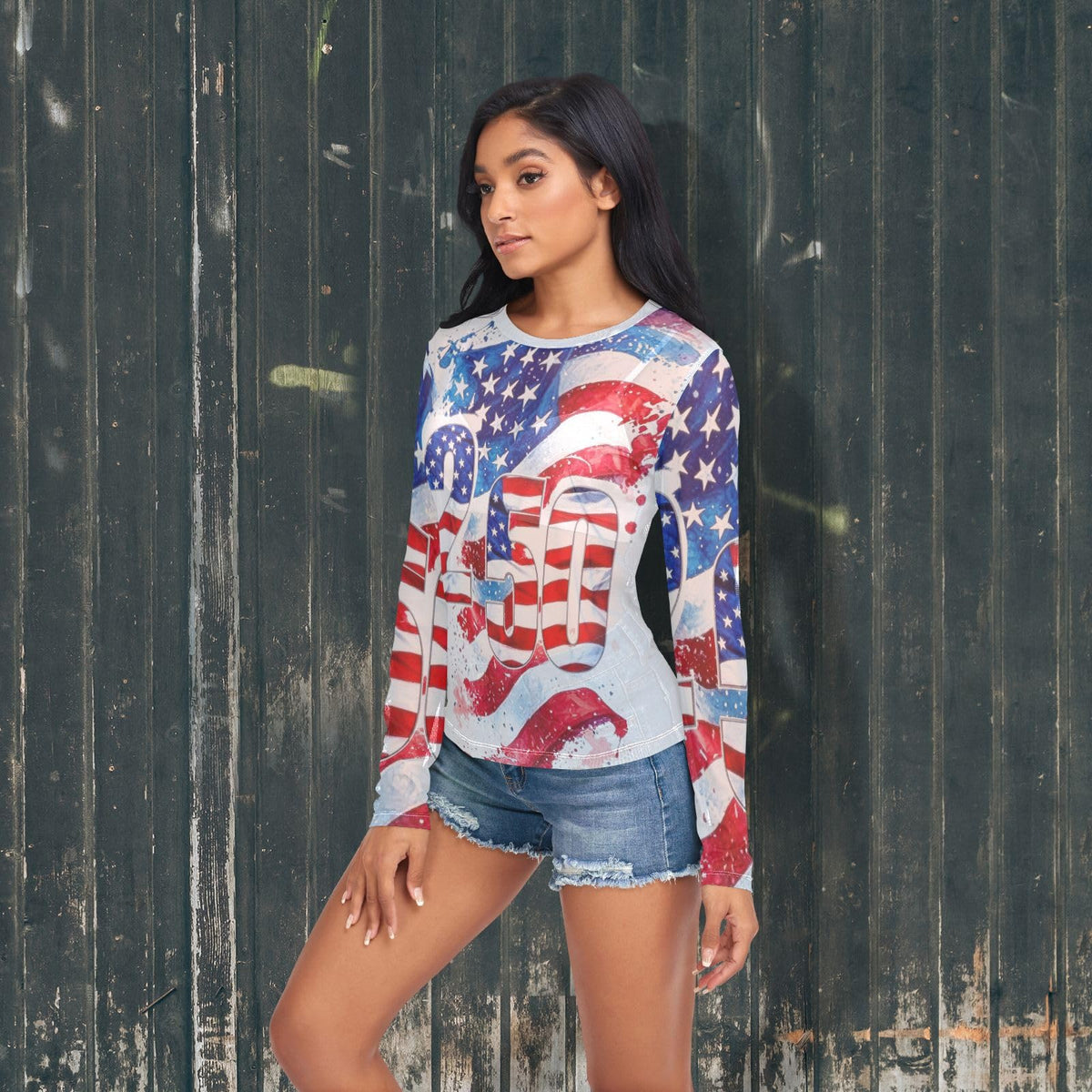 Women Mesh Tops Sexy- American Flag Stars Stripes Number Sheer Long Sleeve Shirts Crew Neck Going Out Tops L