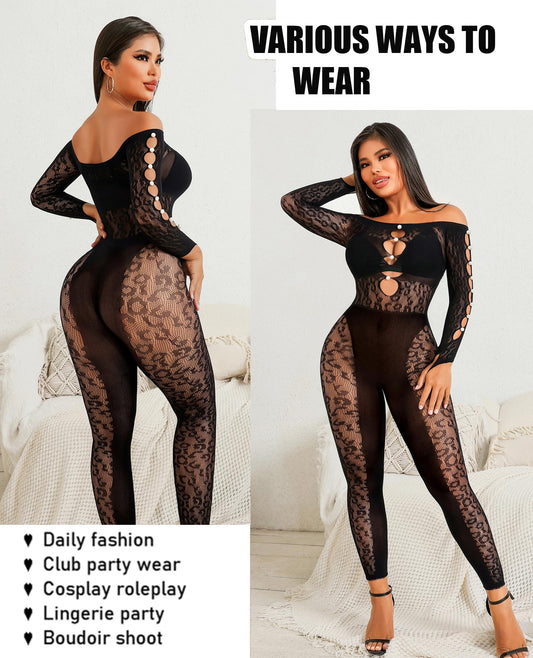 Avidlove Women's Lingerie Sexy Fishnet Body Suits for Women Long Sleeve Mesh Outfit Cut Out Fishnet Lingerie Jumpsuit Black