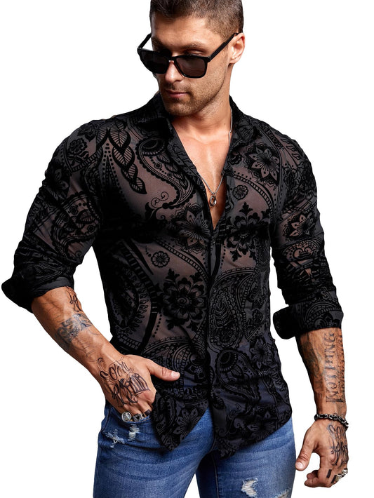 WDIRARA Men's Floral Paisley Print Mesh Button Down See Through Slim Fit Party Shirt Top Tee Black M