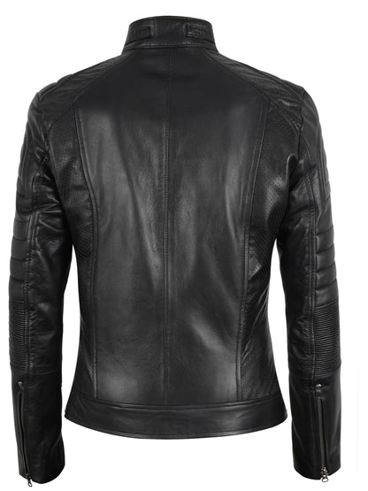 STOREJEES Black Leather Jacket Women Slim Fit | Cafe Racer Black, S Jacket