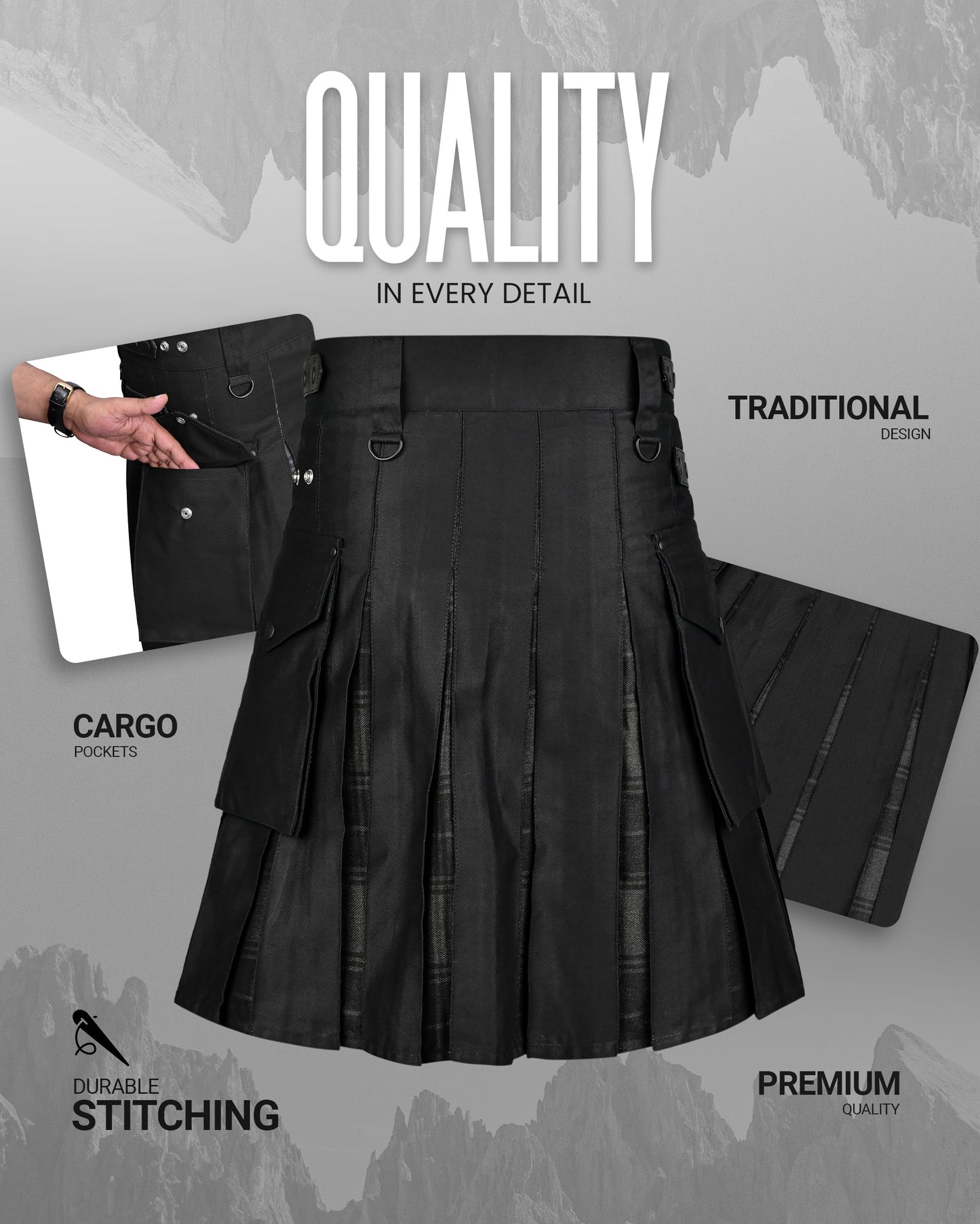 Hybrid Utility Kilts for Men Scottish Traditional Kilt with Flashes (US, Numeric, 34, 36, Regular, Regular, Gray Highlander)