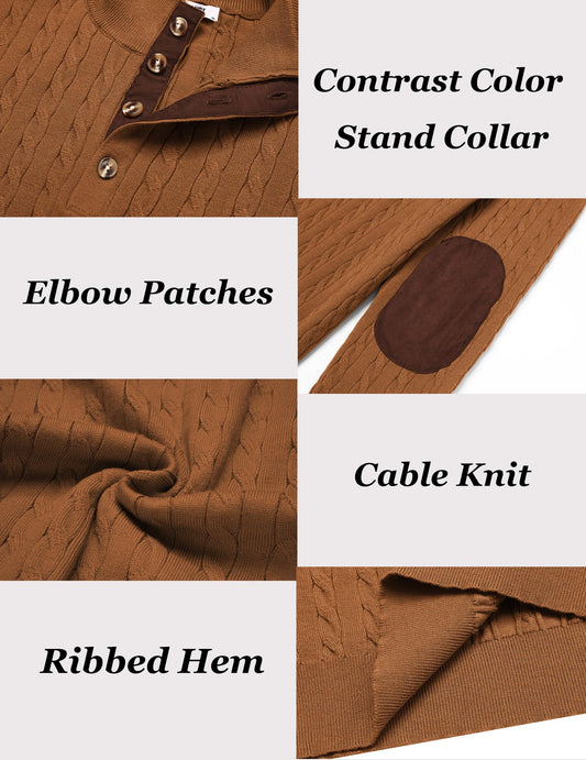 COOFANDY COOFNDY Mens Cable Knitted Pullover Sweaters Casual Long Sleeve Stand Collar Button Up Knit Sweaters Light Brown