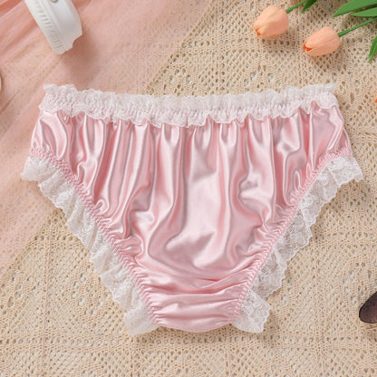 Men's Satin Silk Underwear Ruffle Lace Sissy Panties Bowknot Crossdress Silky Knickers Briefs Pink X-Large