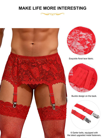 Men's 6-Strap High-Waist Red Lace Garter Belt with Metal Clamps Adjustable Suspenders Garter Belts for Thigh Highs, L