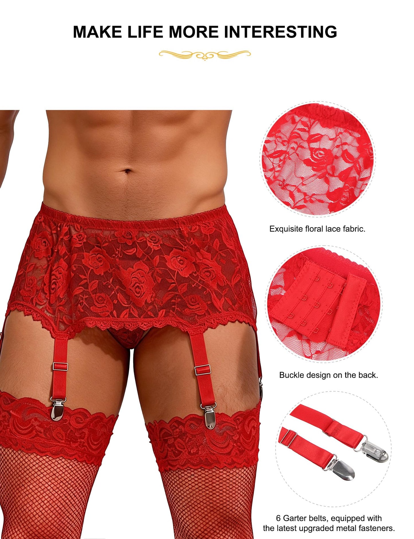 Men's 6-Strap High-Waist Red Lace Garter Belt with Metal Clamps Adjustable Suspenders Garter Belts for Thigh Highs, M