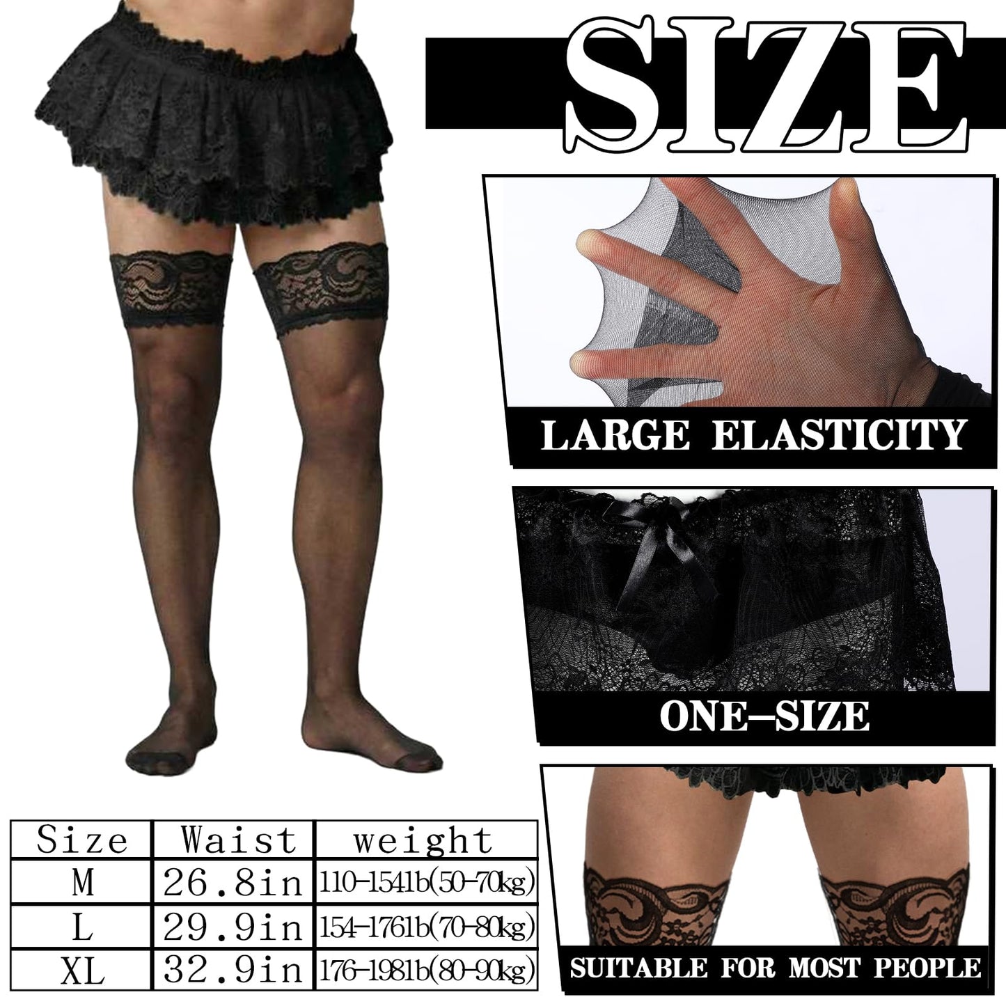 3 Pcs Sissy Accessories Men's Lace Skirt Thongs Panties Stockings Black Low Rise Lace Mesh Ruffled Lingerie Men's Sissy Outfit Femboys Underwear