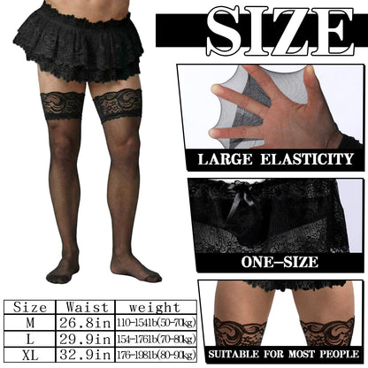 3 Pcs Sissy Accessories Men's Lace Skirt Thongs Panties Stockings Black Low Rise Lace Mesh Ruffled Lingerie Men's Sissy Outfit Femboys Underwear