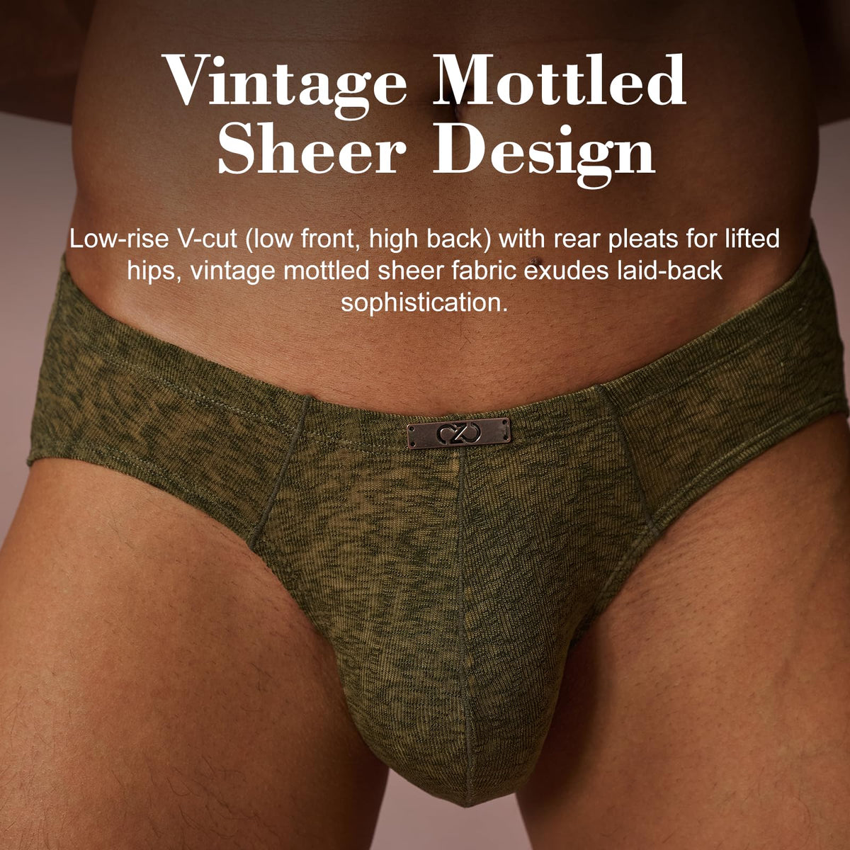 BSZN Men's Mottled Briefs, Green Mesh Underwear, Ruched Back Waistband Mid Rise Tight Fit, Midnight Visitor Collection with Custom Metal Tag