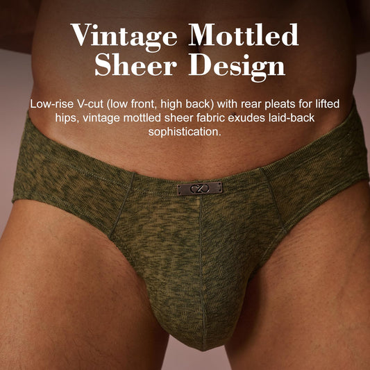 BSZN Men's Mottled Briefs, Green Mesh Underwear, Ruched Back Waistband Mid Rise Tight Fit, Midnight Visitor Collection with Custom Metal Tag