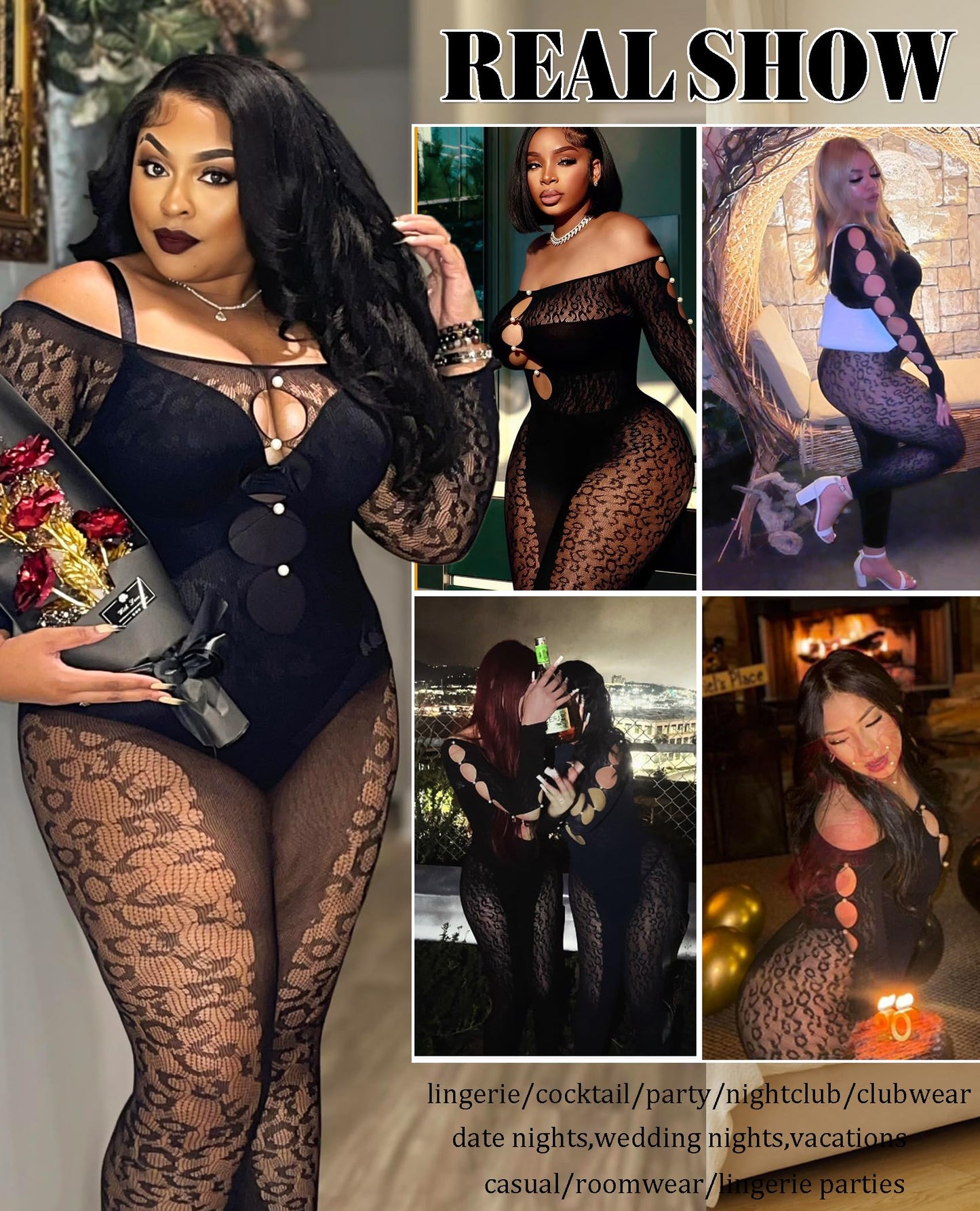Avidlove Women's Lingerie Sexy Fishnet Body Suits for Women Long Sleeve Mesh Outfit Cut Out Fishnet Lingerie Jumpsuit Black