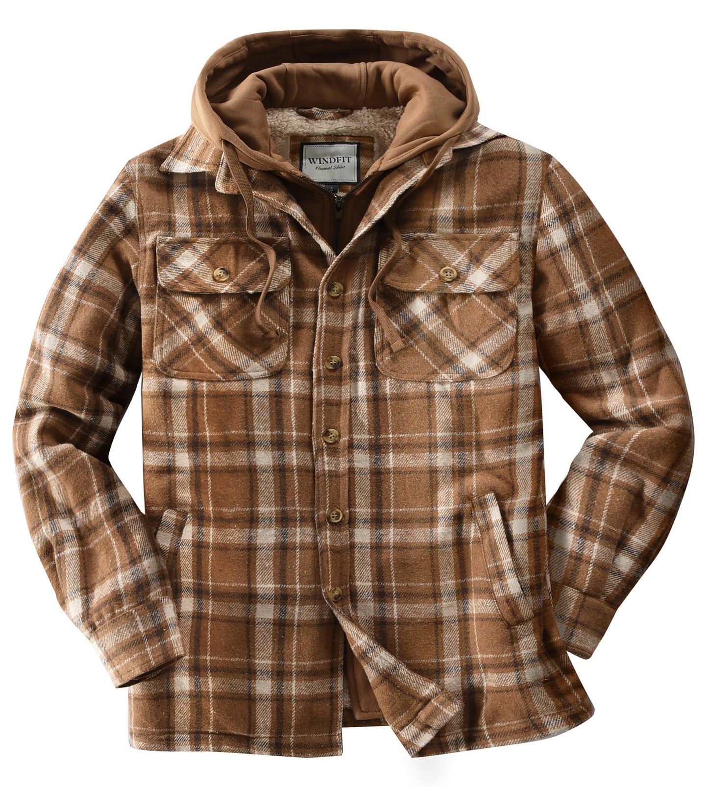 KOMANA Men's Zip Button Sherpa Plaid Flannel Shirt Jacket with Hood Brown Small