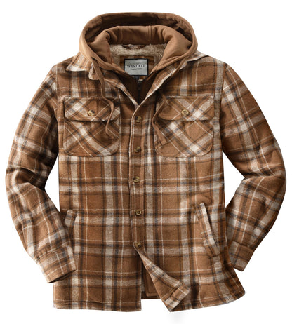 KOMANA Men's Zip Button Sherpa Plaid Flannel Shirt Jacket with Hood Brown Small