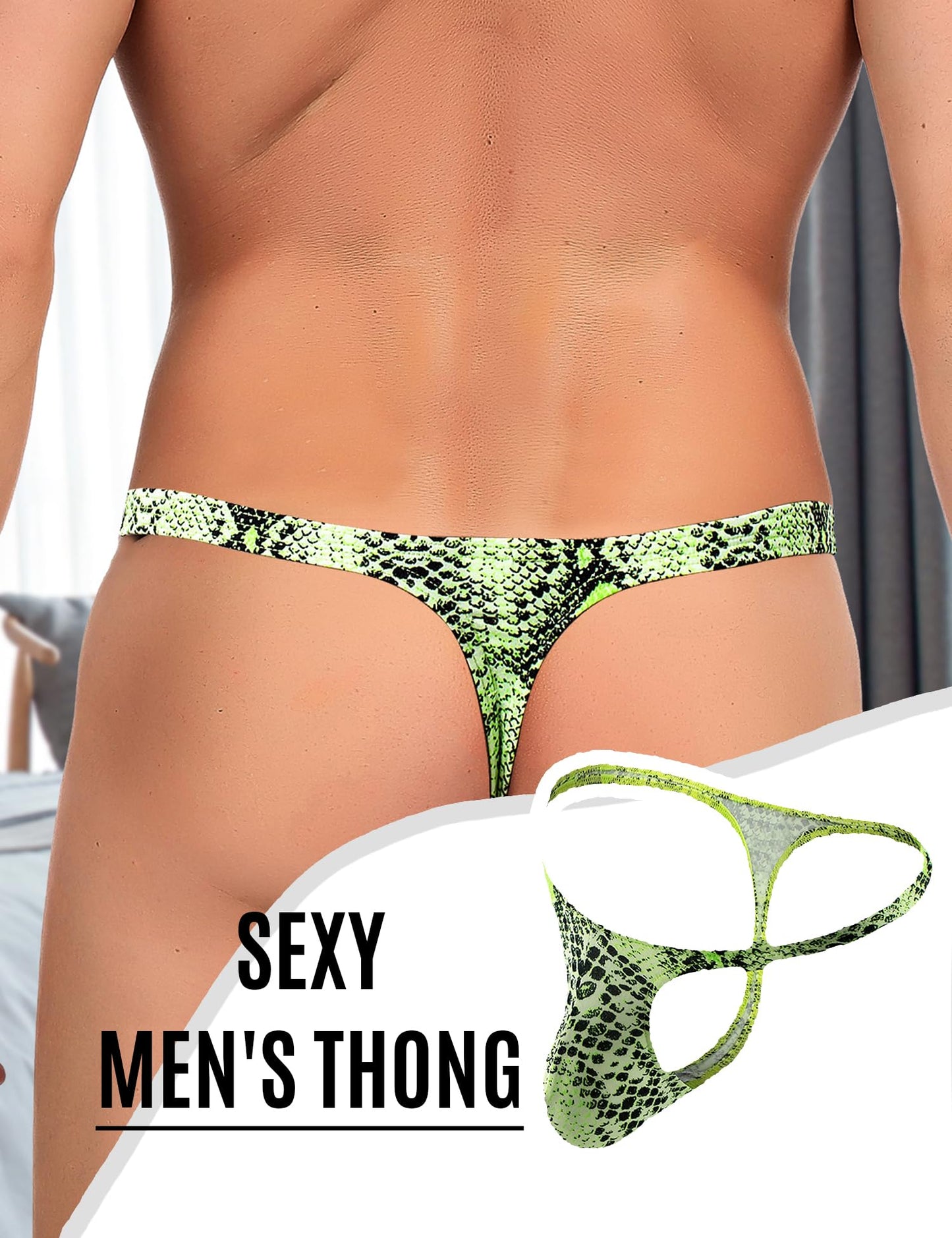 3 Pack Mens G-String Thong Underwear Snake Print - Green S）