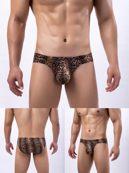 3Pack Men's Ice Silk Low Rise Leopard Bikini Briefs Underwear Black Leopard Golden XL