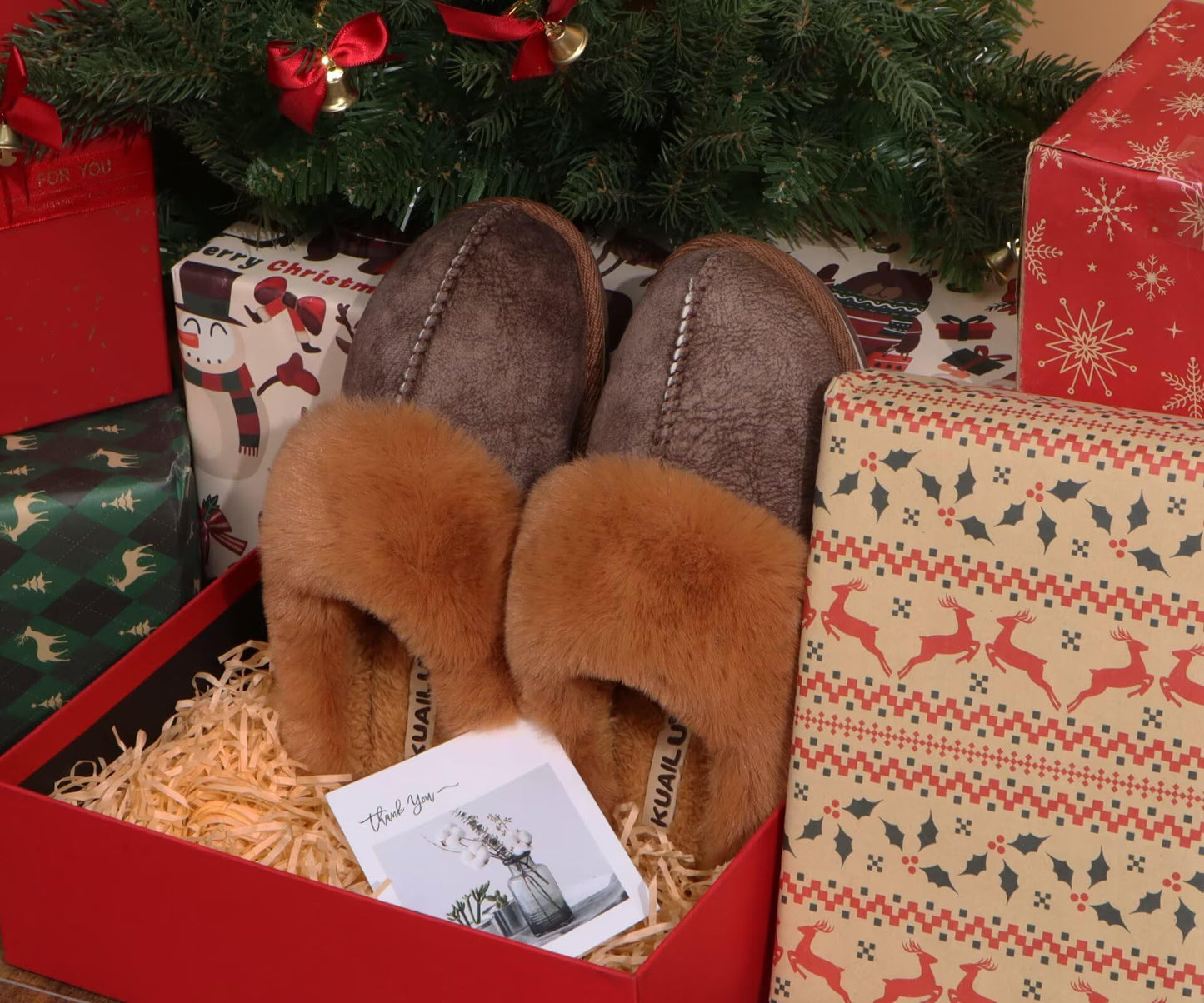 KuaiLu Womens Cozy Memory Foam Slippers Ladies Fuzzy Faux Fur Lined Warm Arch Support House Shoes Slip on Comfy Winter Scuff Indoor Outdoor Rubber Hard Sole Orthotic Plush Bedroom Brown Size 8