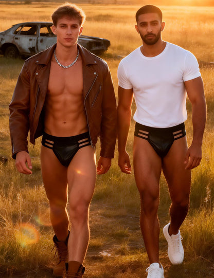 Mens Thong G-String Faux Leather Pouch