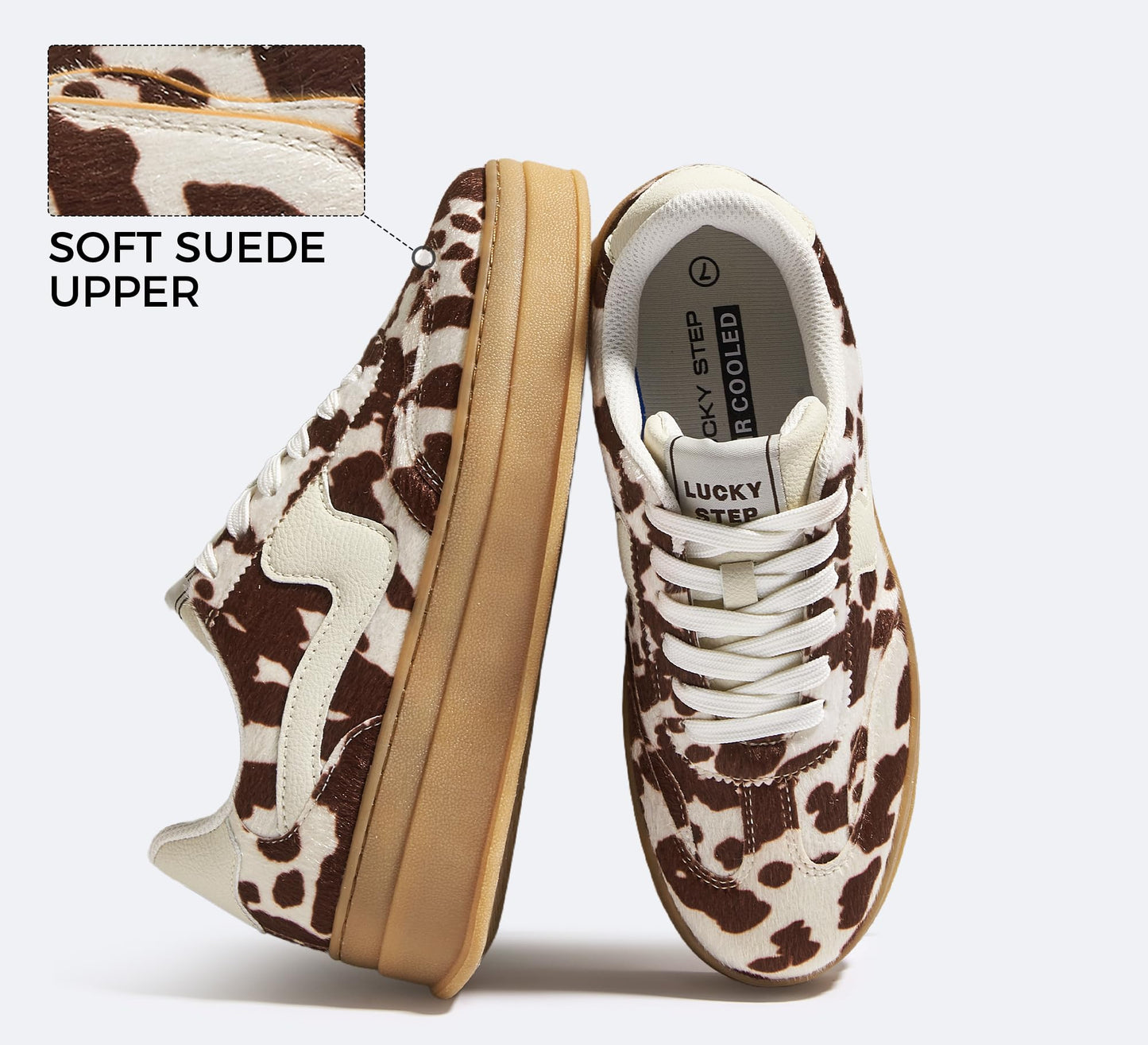 LUCKY STEP Women's Platform Fashion Sneakers Thick Sole Suede Faux Leather Classic Rubber Gum Sole Low Top Casual Walking Shoes(Brown Cow Print,11 B(M) US)