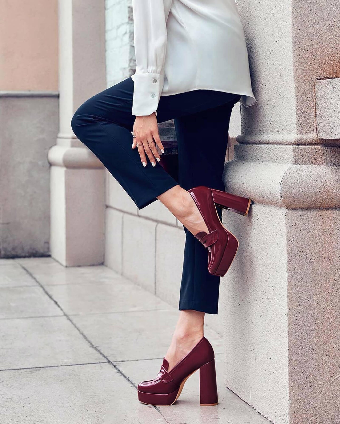 Womens Platform Heels Loafers Chunky High Heel Closed Toe Patent Leather Shoes Penny Loafer Business Dress Work Pumps Burgundy
