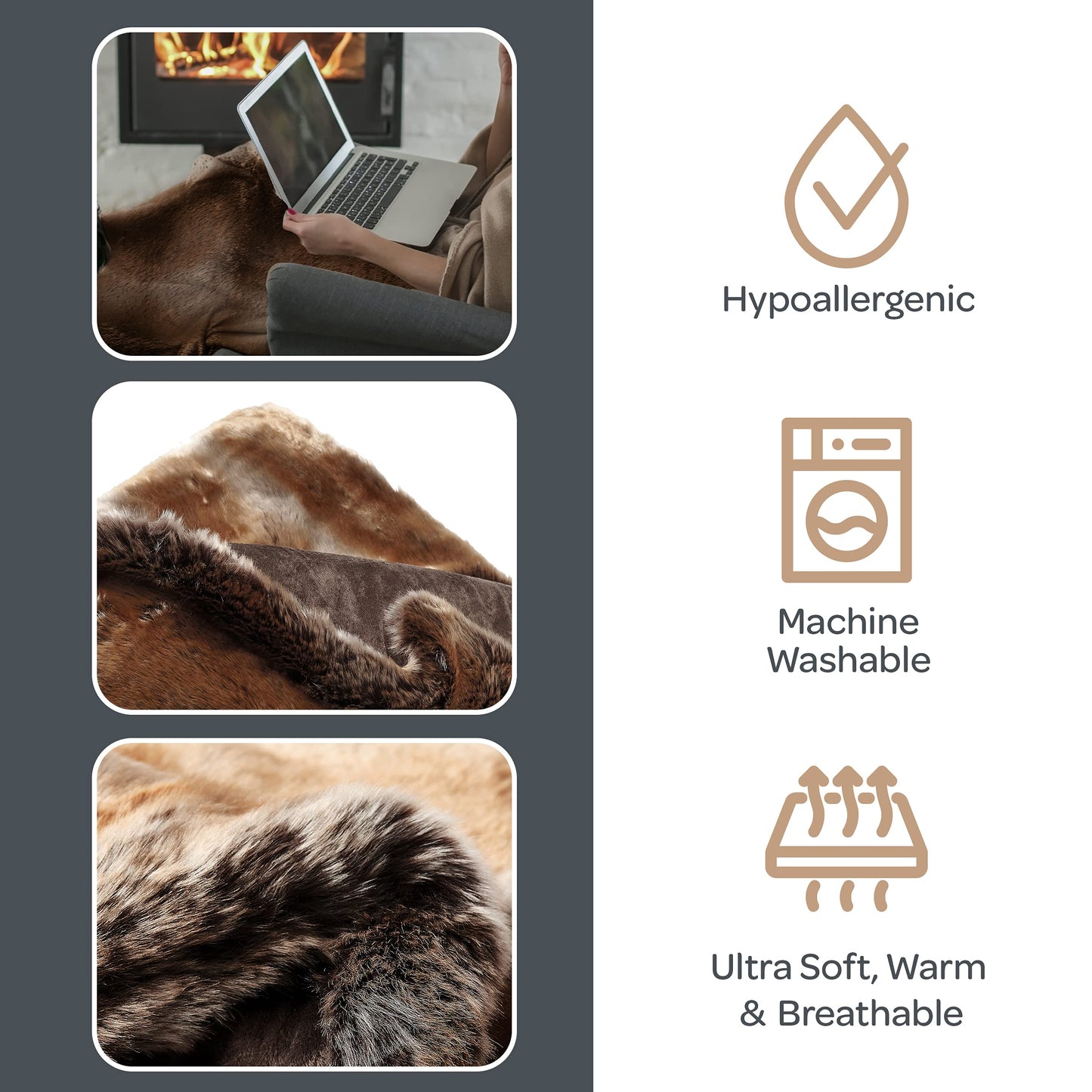 Faux Fur Throw - Luxurious, Hypoallergenic Premium Zobel Faux Marten Sable Fur Blanket with Plush Mink Back and Gift Box, 60x70” by Bedford Home (Amber Brown)