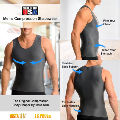 Insta Slim -Made in USA- Compression Tank-Top Shapewear for Men. Tummy Control Slimming Body-Shaper Undershirt for Back Support, Beer Belly, and Gynecomastia (Gunmetal-Large)