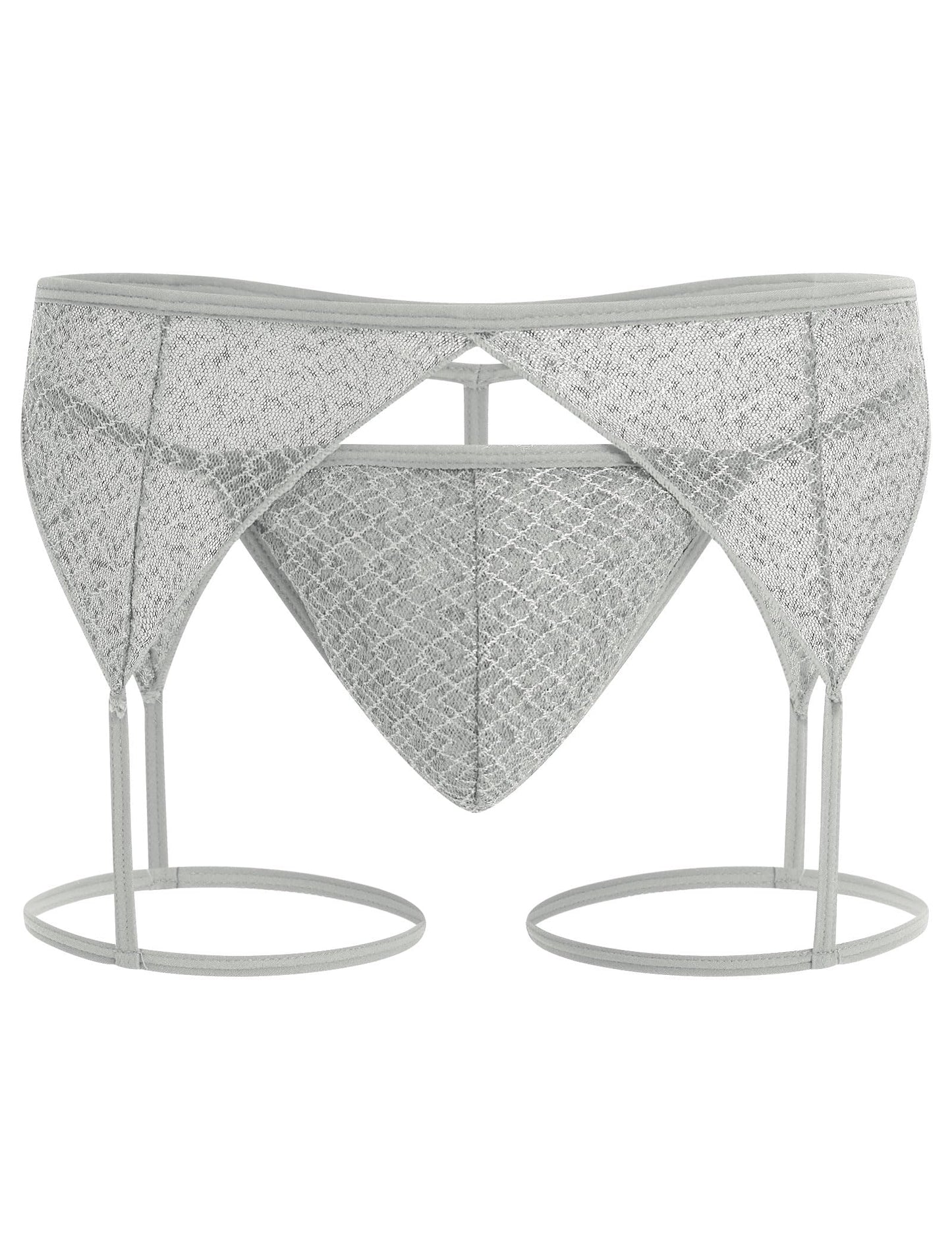 Men's Sissy Lingerie Sheer Mesh G-string Thong Lace Panties with Garter Band Crossdresser Underwear Light Gray Medium