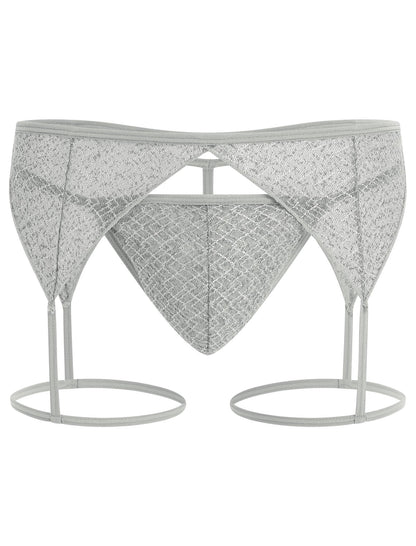 Men's Sissy Lingerie Sheer Mesh G-string Thong Lace Panties with Garter Band Crossdresser Underwear Light Gray Medium