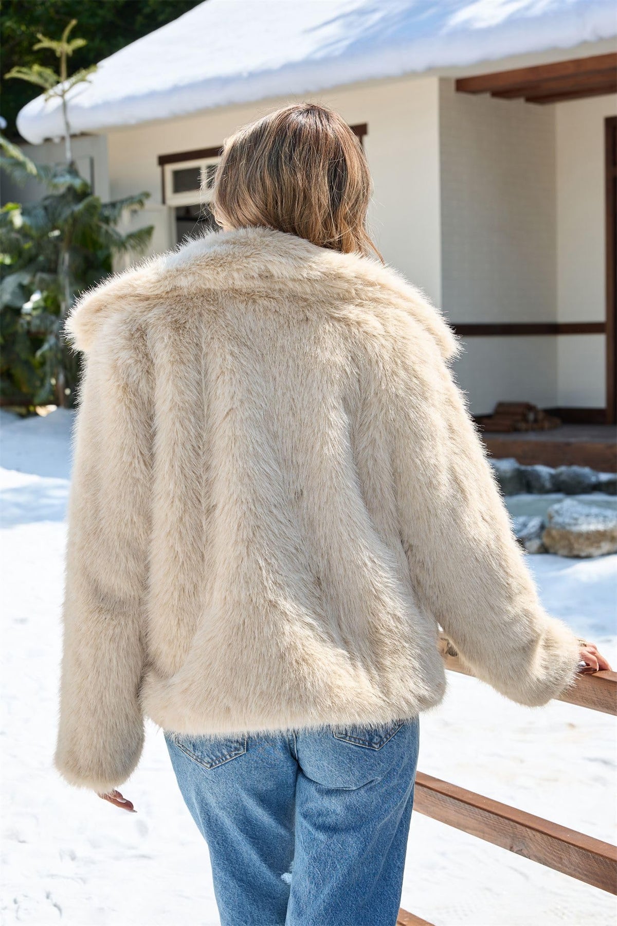Women Faux Fox Fur Coat Wide Notch Lapel Fluffy Furry Jacket